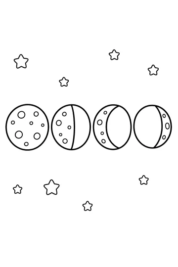 Coloring page showing four moons in different phases with stars