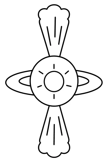 Disegno da colorare di un quasar rotondo con disco e getti di energia sopra e sotto.
