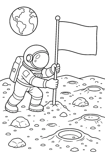 Astronauta che pianta una bandiera sulla Luna con la Terra sullo sfondo