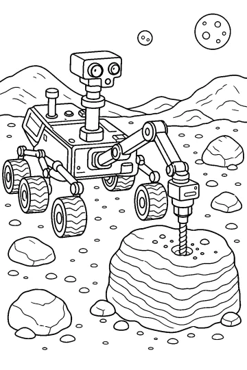 Rover robotique sur Mars avec un bras de forage au-dessus d'une roche stratifiée