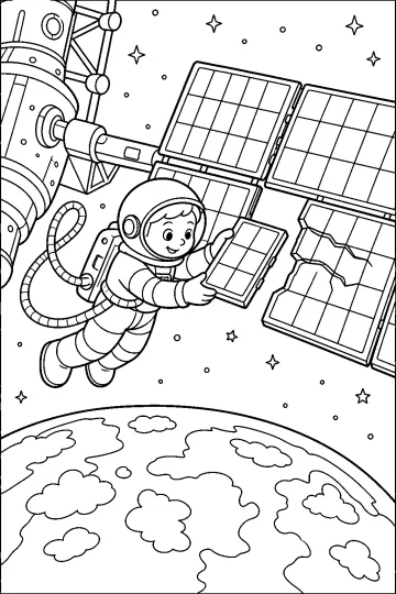 Astronauta collegato con un cavo mentre ripara pannelli solari della stazione spaziale sopra la Terra