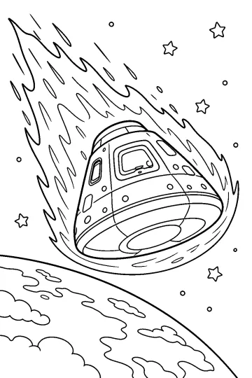 Cápsula espacial en reentrada con estelas de fuego, estrellas y un planeta con nubes
