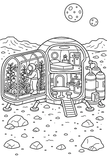 Mars-Habitat mit Gewächshaus, Astronaut bei Pflanzen und Tanks im Freien