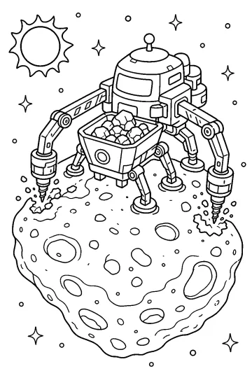 Robot minero con taladros y cesta recolectora sobre un gran asteroide en el espacio