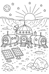 Base lunare con astronauta e pannelli solari disegno da colorare PDF gratis