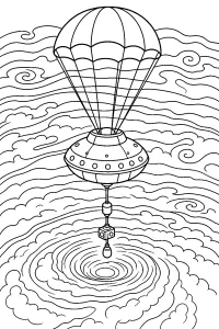 Sonda spaziale con paracadute tra le nuvole disegno da colorare PDF gratis