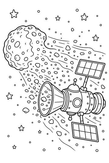 Nave espacial con un gran embudo que recoge partículas de la cola de un cometa en el espacio