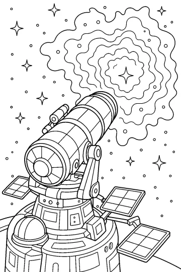 Telescopio espacial con paneles solares apuntando a una gran nebulosa entre estrellas