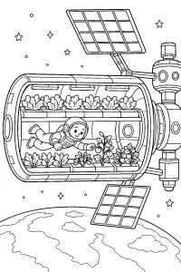 Weltraum-Gewächshaus mit Astronaut und Pflanzen malvorlage kostenlos PDF
