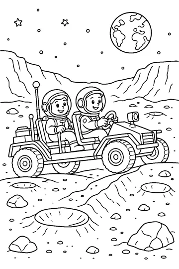 Dos astronautas en un rover lunar entre cráteres y rocas, con la Tierra y estrellas en el cielo
