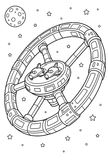 Estación espacial circular con dos naves en el centro, estrellas y la Luna