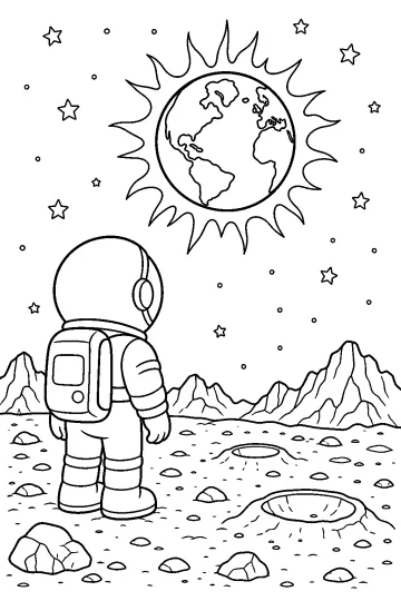 Astronauta sul suolo lunare con la Terra grande nel cielo, stelle, rocce e crateri