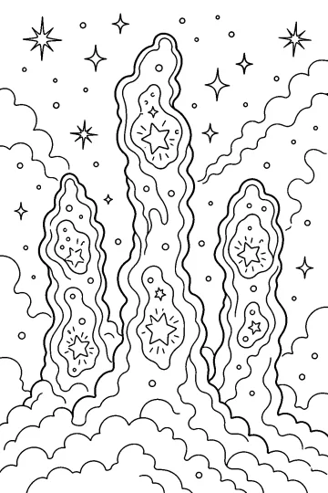 Drei gewellte Nebelsäulen mit Sternen im Inneren, kosmischen Wolken und Sternen im Hintergrund.