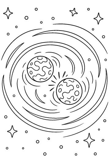 Dos planetas redondos con manchas, rodeados de líneas espirales y estrellas en el espacio.