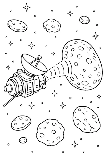 Space probe with a dish antenna sending a beam toward a large cratered planet, surrounded by asteroids and stars.