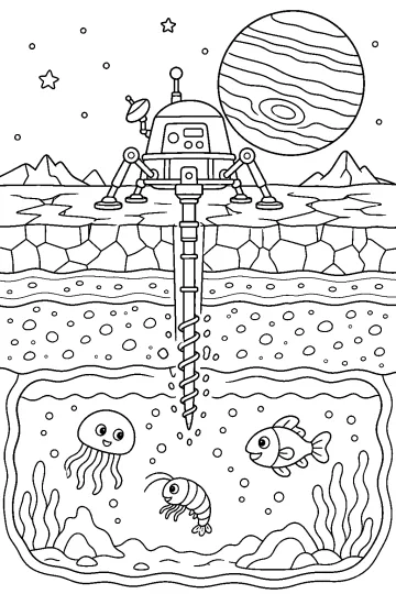 Módulo robot en una luna helada con una larga perforadora que atraviesa el hielo hasta un mar con peces y una medusa.