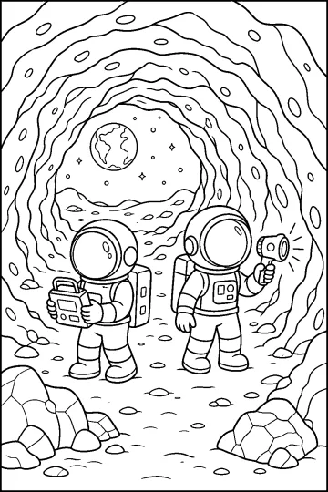 Deux astronautes dans une grotte rocheuse sur la Lune, l'un avec une lampe et l'autre avec du matériel.