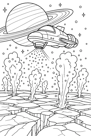 Nave espacial sobre géiseres de vapor en un suelo de hielo agrietado, con un planeta con anillos al fondo.