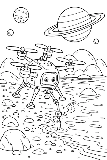 Dron robot de cuatro rotores con una sonda junto a un lago alienígena bajo un planeta con anillos.