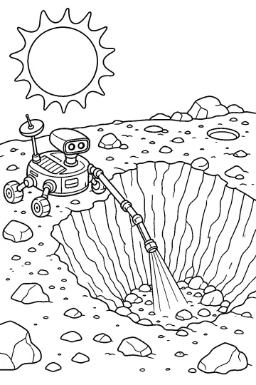 Rover robot avec bras mécanique au bord d'un grand cratère rocheux sous le Soleil
