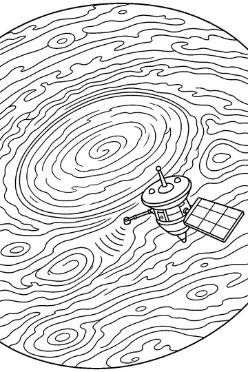 Sonde spatiale avec panneau solaire au-dessus d'une grande tempête en spirale sur une planète
