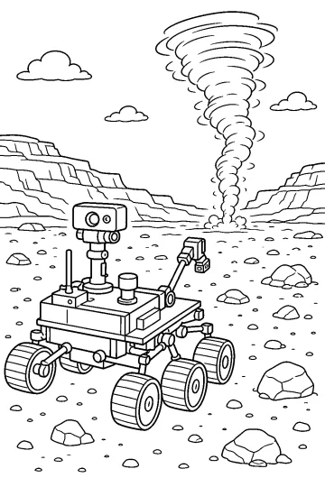 Rover sur un sol rocheux avec un grand tourbillon de poussière et des falaises en arrière-plan