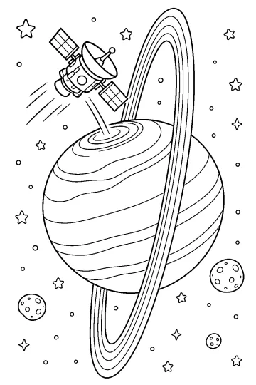 Dibujo para colorear de un satélite junto a un gran planeta con anillos, estrellas y pequeñas lunas.