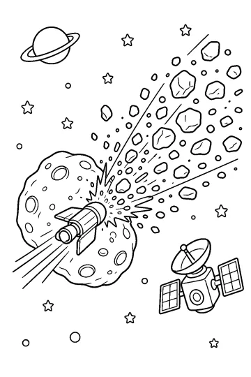 Astronave che colpisce un asteroide con frammenti nello spazio, sonda, pianeta con anelli e stelle.