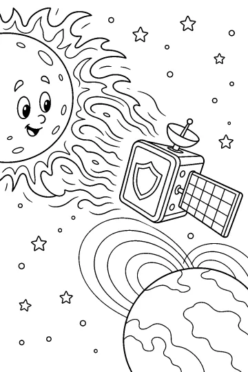 Ausmalbild mit einem geschützten Satelliten vor der flammenden Sonne, Sternen und einem Planeten mit Ringen.