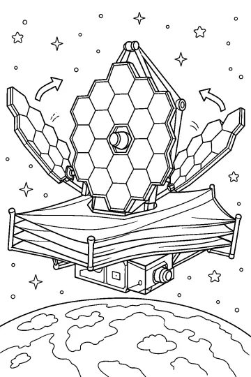 Telescopio espacial con espejo de paneles hexagonales, escudo solar, estrellas y la Tierra debajo.