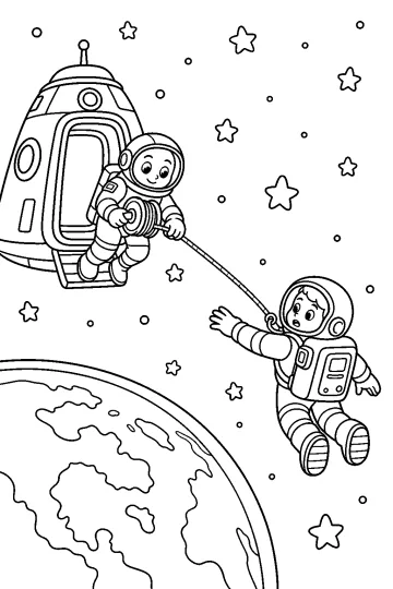 Due astronauti nello spazio collegati da una lunga corda accanto a una navicella, con la Terra e le stelle sullo sfondo.