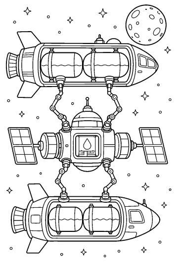 Dibujo de un depósito orbital entre dos naves espaciales, con brazos robóticos, paneles solares, Luna y estrellas.