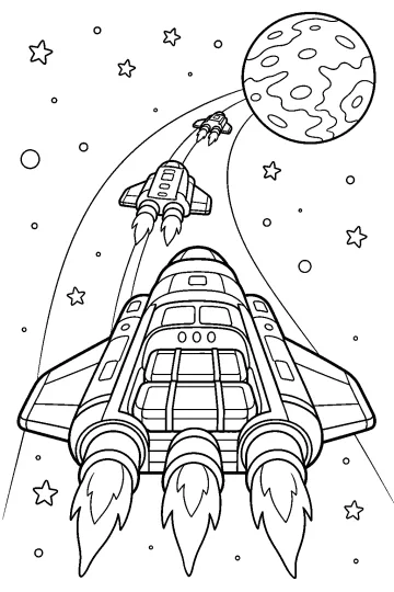 Trois vaisseaux avec des flammes de moteurs voyagent dans l'espace vers une grande planète avec des cratères.