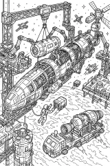 Cantiere orbitale con grande astronave disegno da colorare PDF gratis
