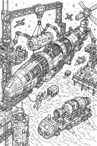 Cantiere orbitale con grande astronave disegno da colorare PDF gratis