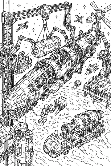 Grande astronave in costruzione in un cantiere orbitale con gru, bracci robotici, astronauti e moduli spaziali.