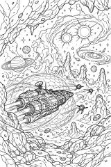 Astronave tra nebulose e pianeti disegno da colorare PDF gratis