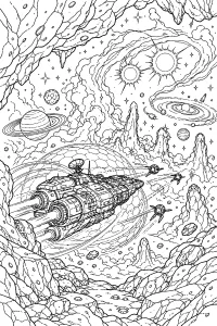 Astronave tra nebulose e pianeti disegno da colorare PDF gratis
