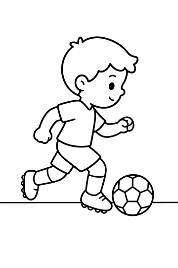 Disegno da colorare di un bambino che corre verso un pallone da calcio