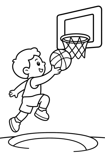 Criança saltando com uma bola de basquete perto da cesta