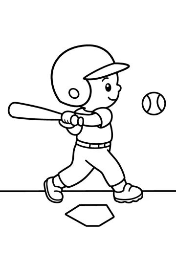 Kleiner Baseballspieler mit Helm, der neben dem Homeplate einen Schläger zur Kugel schwingt
