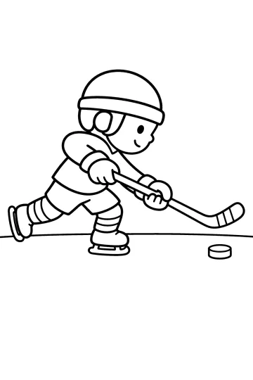 Giocatore di hockey di lato con casco, pattini, bastone e disco sul ghiaccio