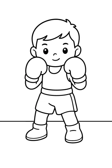 Desenho para colorir de um pequeno boxeador de frente com luvas levantadas, calção e sapatos