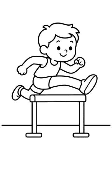 Coloring page of a young runner jumping over a hurdle