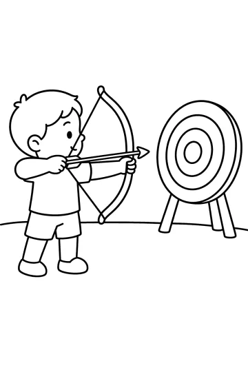 Enfant de profil tendant un arc avec une flèche en direction d'une cible ronde sur un support.