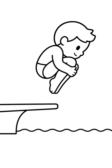 Kleurplaat van een jonge duiker met opgetrokken knieën boven een duikplank en water.