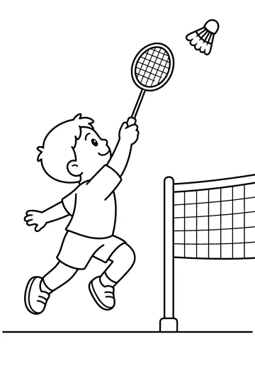 Bambino che salta con una racchetta da badminton verso un volano vicino alla rete