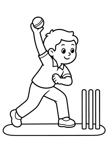 Bambino con una palla da cricket alzata vicino a tre paletti