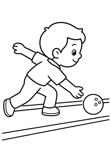 Disegno al tratto di un bambino che fa rotolare una palla da bowling su una pista
