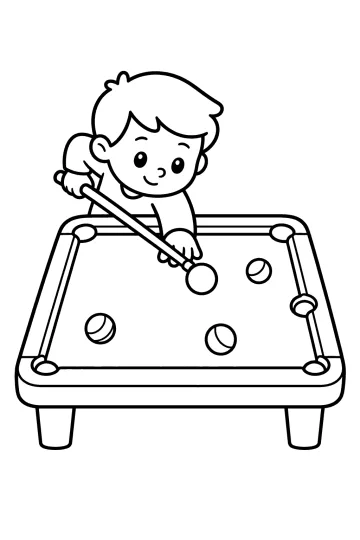 Disegno di un bambino che usa una stecca davanti a un tavolo da biliardo con biglie e buche